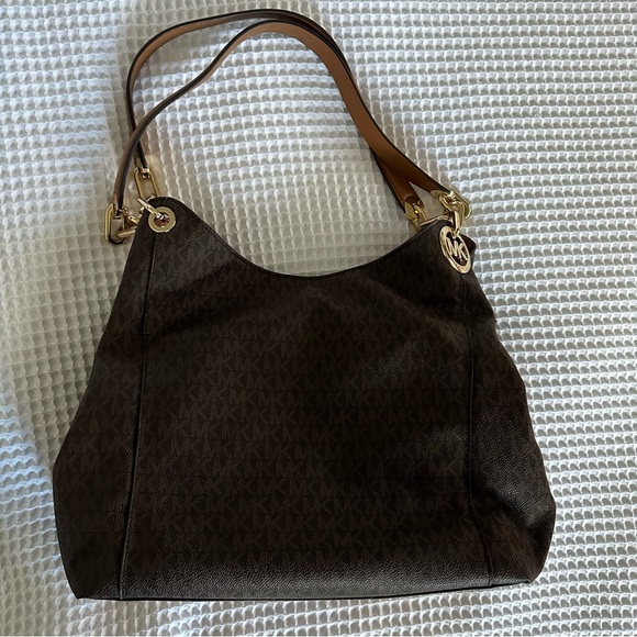Michael Kors Fulton Large Signature Charm Hobo Shoulder Bag Tote Brown MK Logo - Picture 8 of 16